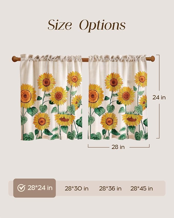 Miss Adola Sunflower Kitchen Tier Curtains - 24 Inch Length Linen Blend Farmhouse Cafe Curtains Floral Small Window Treatments Over Sink Rod Pocket for Bathroom Living Room Light Filtering, 2 Panels