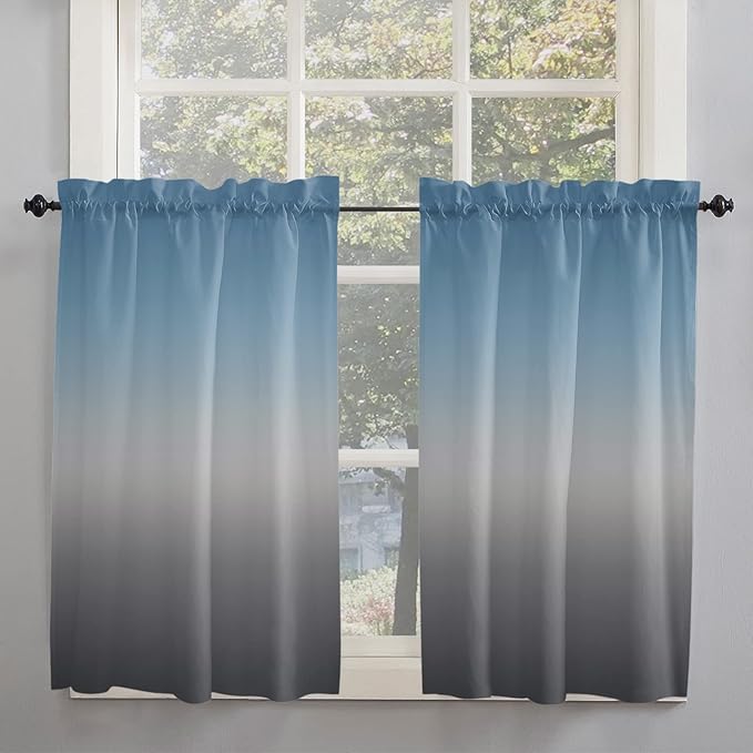 45 Inch Long Tier Curtains for Kitchen, Blue Gray Gradient Bathroom Window Curtains Rod Pocket Short Curtains Window Treatment Tiers for Living Room Farmhouse 2 Panels