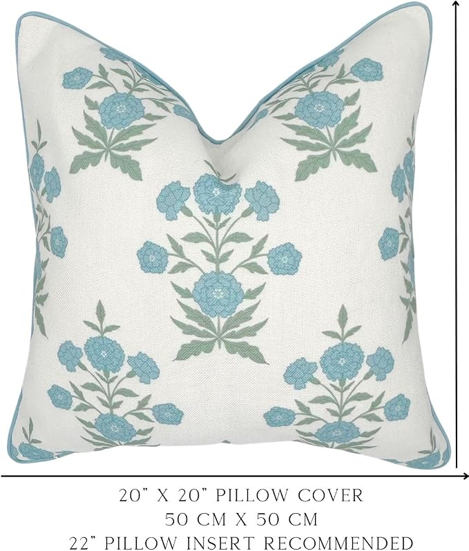 Jillien Harbor Amelia 20" x 20" Floral Throw Pillow Cover Blockprint 50 cm x 50 cm Grandmillennial Home Decor (20" x 20")