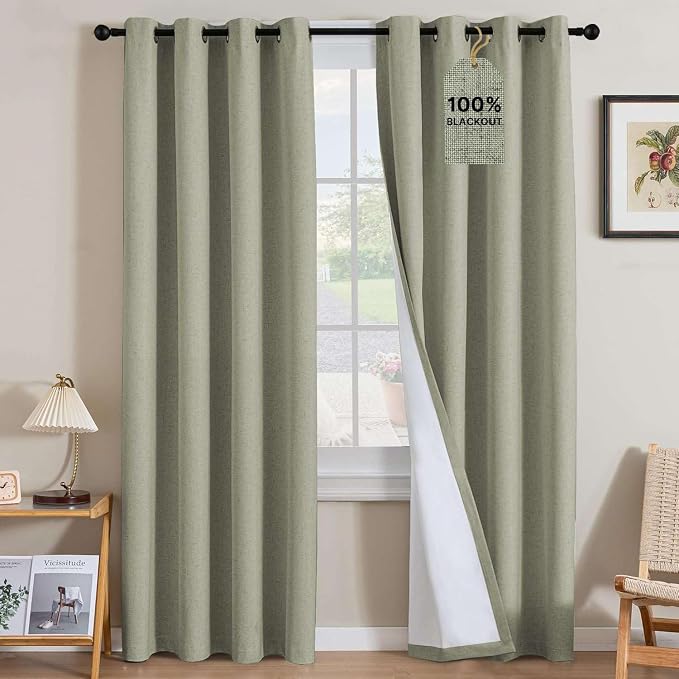 H.VERSAILTEX Linen Curtains 100% Blackout Curtains for Bedroom 90 inch Long Full Light Blocking Nature Linen Blended Window Curtains for Living Room Nickel Grommet (2 Panels, Heathered Tea)