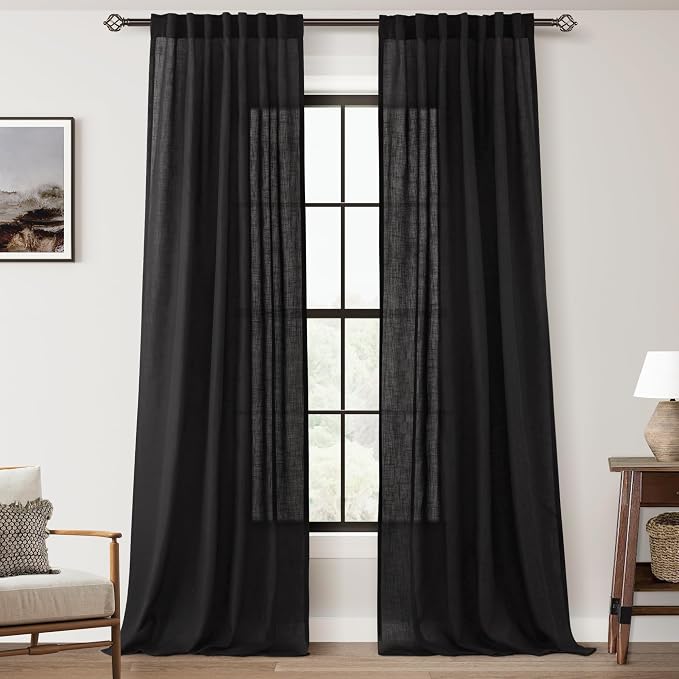 Black Linen Curtains 108 inches Long for Bedroom Back Tab Light Filtering Privacy Semi Sheer Black Curtains Living Room Boho Rustic Farmhouse Cotton Textured Gauze Curtain 2 Panel Set