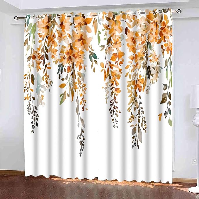 Orange Watercolor Floral Curtains 84 inches Long, Botanical Leaves Vine Flowers Rustic Farmhouse Curtains, Blackout Window Treatment Drapes for Bedroom Living Room 52x84inch, 2 Panels