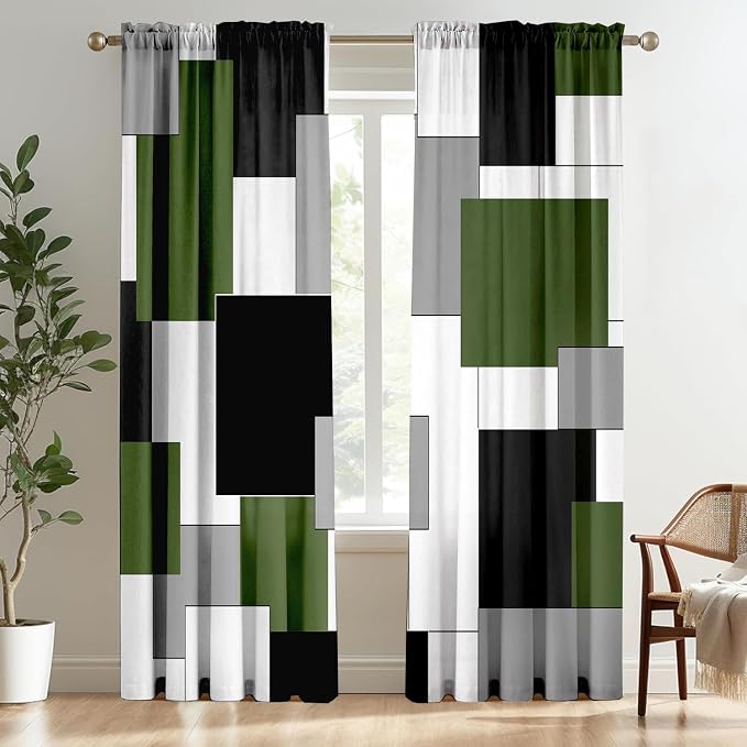 Green and Black Curtains for Living Room 84 Length Curtains Modern Geometry White Green Abstract Rod Pocket Curtain for Bedroom Kitchen Room Window Drapes 2 Panels