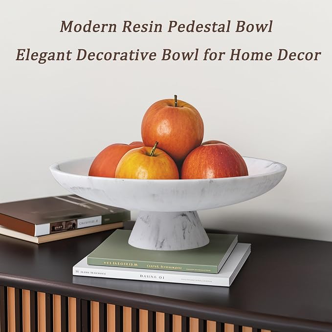 YMXYJM Modern Resin Pedestal Decorative Bowl, Large Fruit Bowl for Kitchen Counter, Stylish Key Bowl for Entryway Table, Marble white