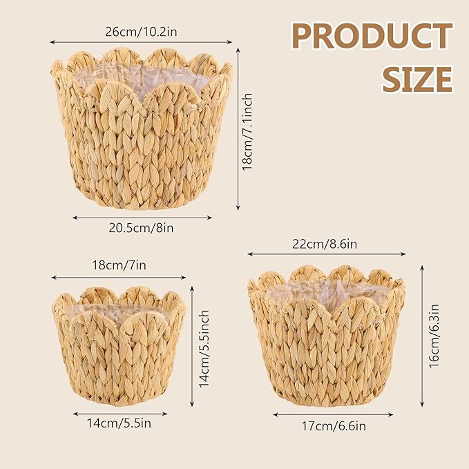 3 Pack Wicker Scalloped Plant Basket, Plant Baskets with Plastic Liner for Indoor, Hand Woven Water Hyacinth Flower Pots Cover Rattan Planter Basket for Home Farmhouse Decor, 10.2"+8.7"+6.7"
