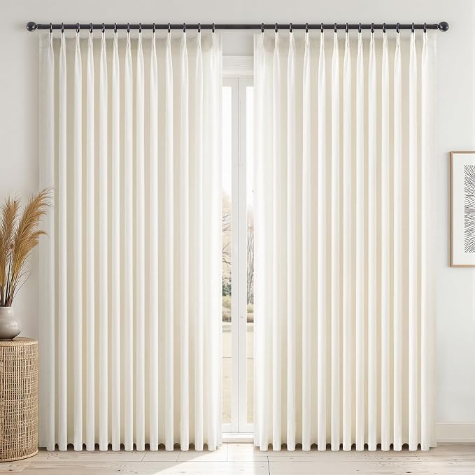 Topfinel Pinch Pleated Curtains 90 Inches Long 1 Panels Set,Natural Cream Semi Sheer Cotton Blend Fabric Aesthetic Advanced Curtain Drapes for Living Room Bedroom,72x90 inch Length