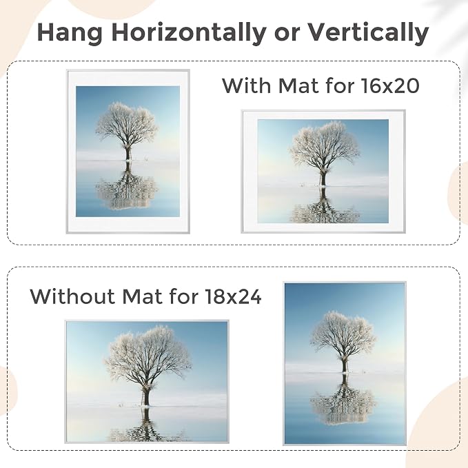 FLYJOE 18x24 Metal Picture Frame For Wall With Mat For 16x20, 18''x24'' Aluminum Photo Frames With Tempered Glass, Minimalist Modern Poster Frame Horizontally Vertically Set of 2, Silver