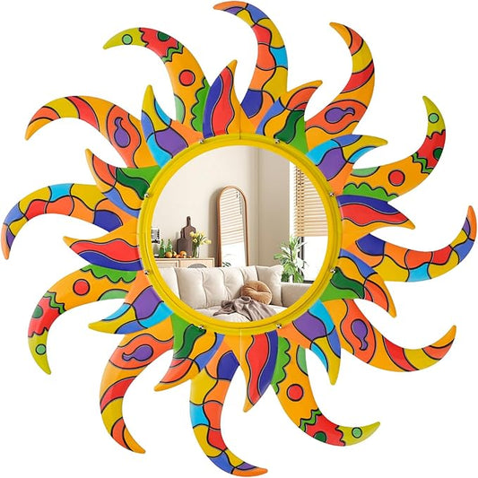 Colorful Sun Wall Mirrors Bedroom Room and Home Decor，25 inch Metal Frame Mirror Espejos Decorativos de Pared Sala Dormitorio，Modern Minimalist Decor and Chic Gifts for Women Mums（Yellow）