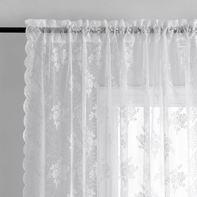 Kotile Short Lace Curtains 30 Inch Length 2 Panels Set, Country Floral Vintage White Lace Kitchen Curtains Over Blinds, Rod Pocket Privacy Sheer Lace Café Curtains for Small Windows, Each 52 x 30 Inch