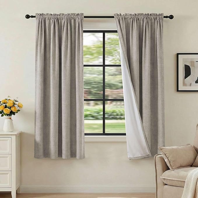 H.VERSAILTEX Linen Look 100% Blackout Curtains 63 Inches Long for Bedroom Full Light Blocking Rod Pocket 42 Inches Wide Linen Textured Thick Window Curtain Drapes with White Backing, Stone, 2 Panels