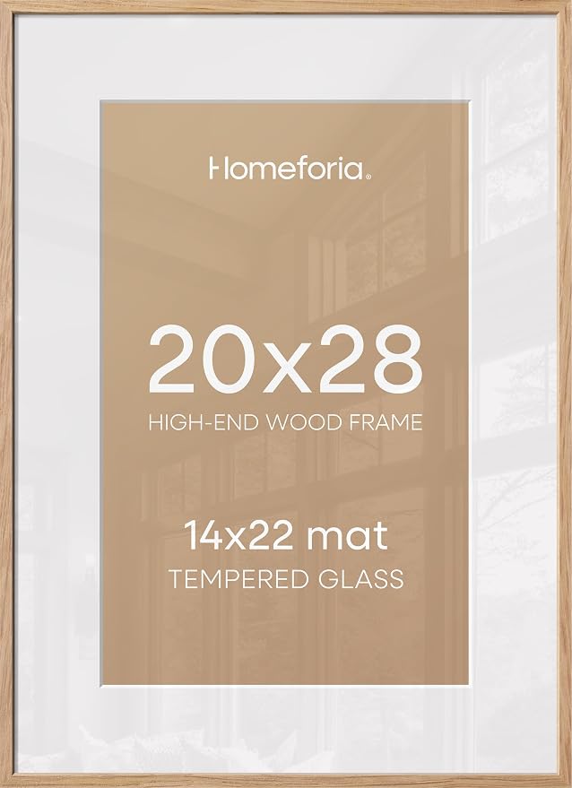 Homeforia 20x28 Picture Frame Wood, High End Natural Oak 20 x 28 Light Wooden Poster Frame with Mat 14 by 22, 20x28 Frames Matted to 14x22 Photo, 28by20 Thin Frames, Tempered Glass, Wall Kit, Set of 2
