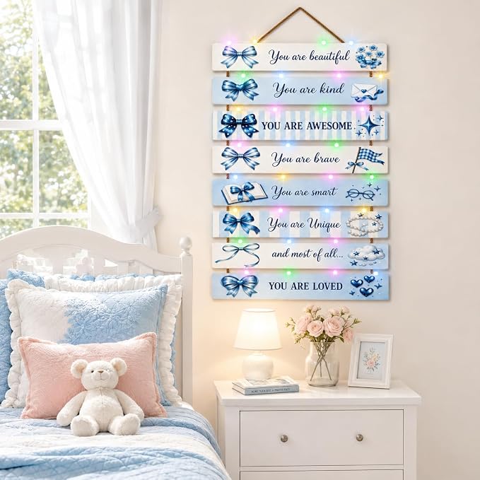 Cute Blue Bow Room Decor Set of 8 with Led Light for Teen Girls Kids Toddler, Preppy Inspirational Bow Wood Nursery Wall Decor for Dorm Bedroom, Dreamy Cozy Chic Motivational Princess Room Decor