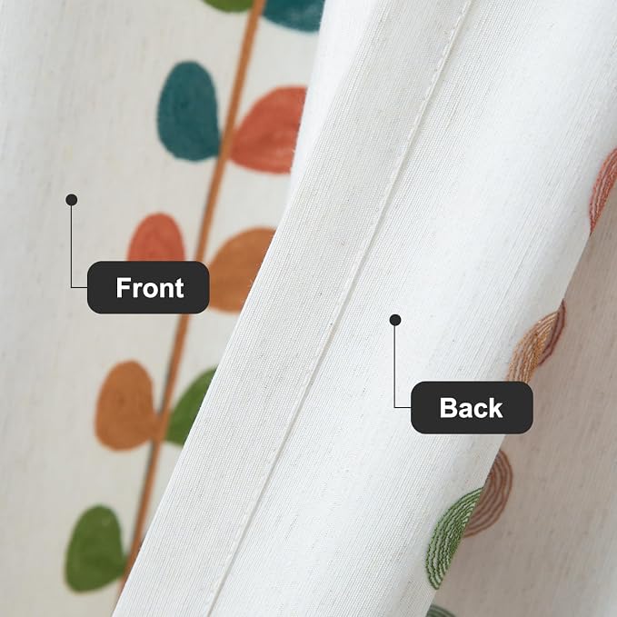 VOGOL Country Style Grommet Curtains, 2 Packs Light Filtering Drapes for Living Room, Leaves Embroidered Decorative Window Treatments for Home Office, 52 x 96, White