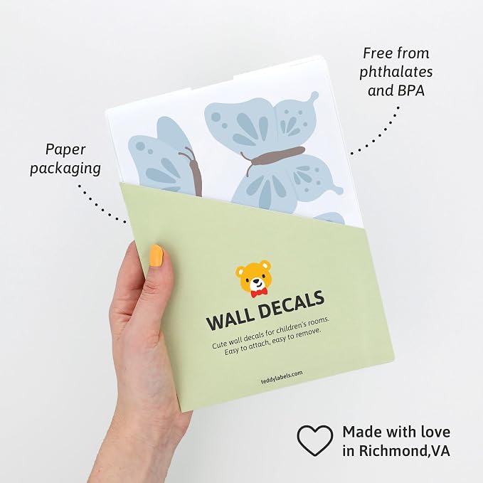 Teddylabels - Blue Butterflies - Easy-to-Apply & Removable Wall Stickers: Transform Your Toddlers Bedroom with Durable, Vibrant Peel-and-Stick Wall Decor – Stickers for Kids