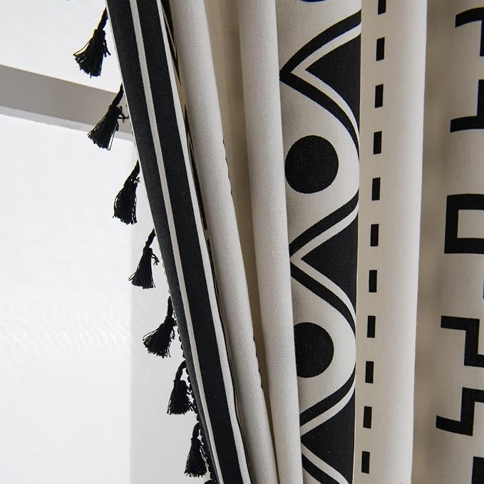 Sutuo Home Black and White Boho Curtain 84 Inches Length for Bedroom, Printed Cotton Linen Geometric Rod Pocket Chic Semi Blackout Bohemian Tassels Window Treatment, 1 Panel 59" W x 84" L