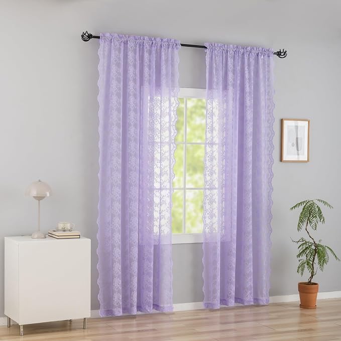 YJ YANJUN Vintage Lace Curtains 72 Inches Long-Victorian Floral Pattern Lavender Sheer Curtain Panels for Living Room Bedroom, Romantic Girls Room Decor 2 Panels 52W x 72L Light Purpel