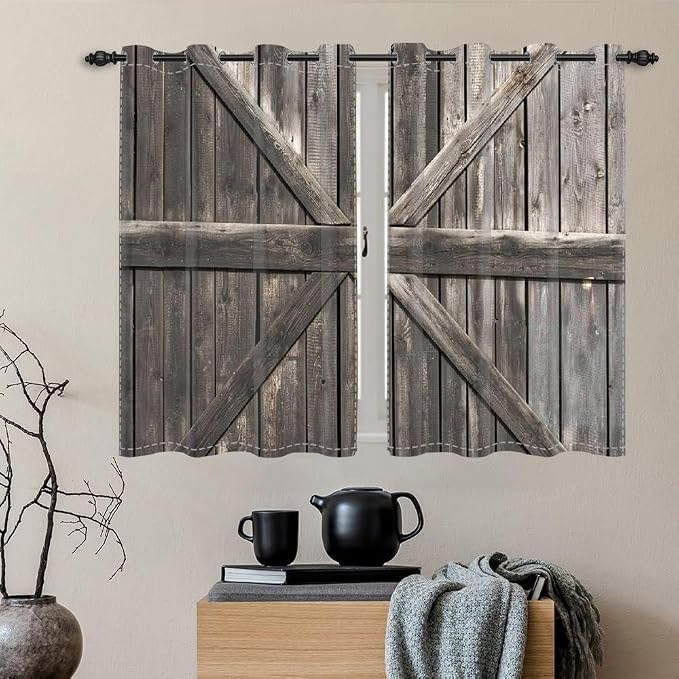 Rustic Barn Door Window Curtains Farmhouse Grey Wooden Door Garage Door Blackout Window Treatment for Living Room Bedroom Rural Farm Style Room Darkening Window Drapes,21x45 inch,2 Panels