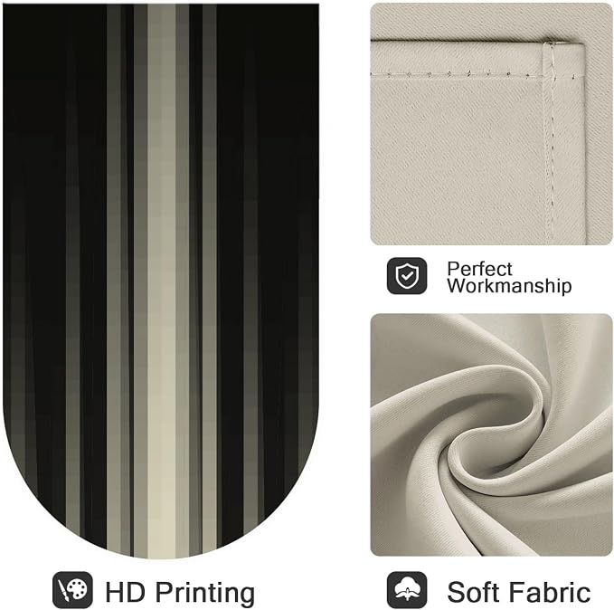 Coxila 100% Blackout Black and Beige Curtains 42x63 inch, Thermal Insulated Gothic Ombre Drapes for Bedroom, Modern Gradient Simple Stripe Pattern, Dark Gothic Men Decor, Rod Pocket Set of 2 Panels
