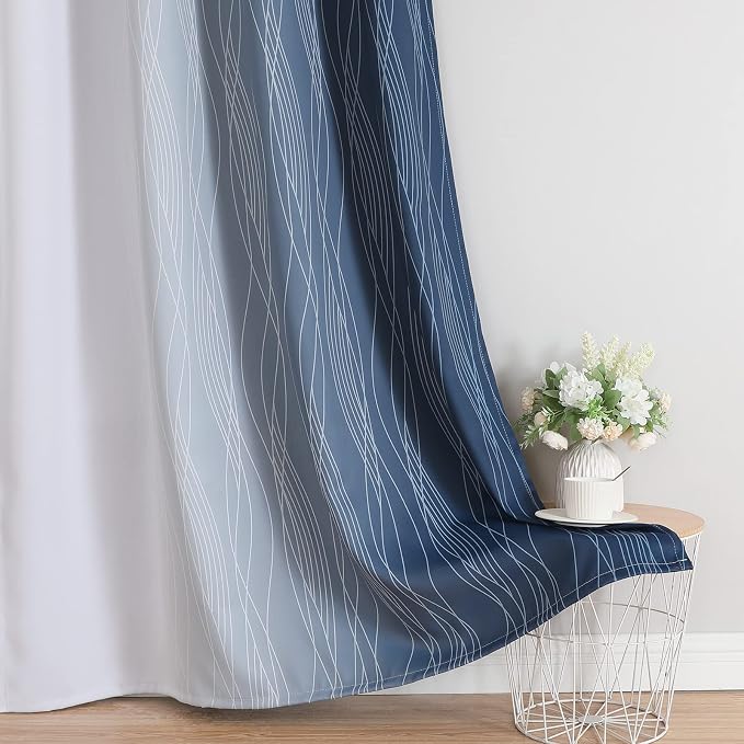 Estelar Textiler Full Room Darkening Greyish White and Navy Blue Blackout Curtains 45 Inch Length 2 Panels Set, Ombre Thermal Insulated Light Blocking Grommet Gradient Drapes for Bedroom,52Wx45L