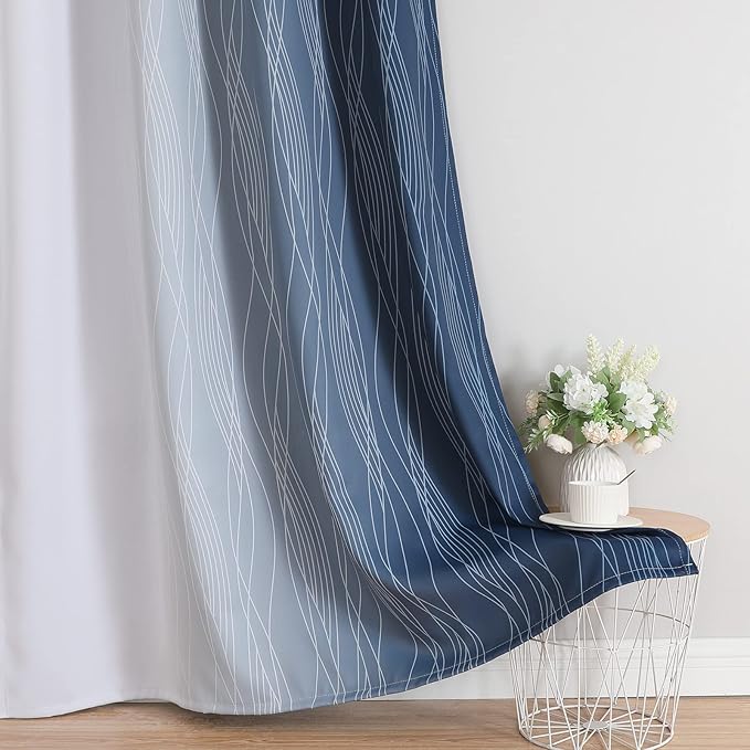 Estelar Textiler Full Room Darkening Greyish White and Navy Blue Blackout Curtains 54 Inch Length 2 Panels Set, Ombre Thermal Insulated Light Blocking Grommet Gradient Drapes for Bedroom,52Wx54L
