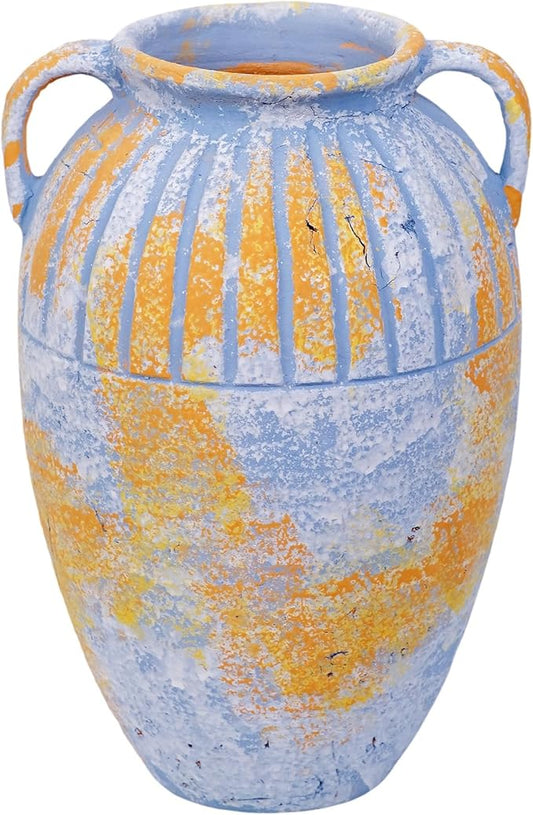 13 Inch Handcrafted Retro Ceramic Table Vase, Aged Rustic Clay Decor, Multi-Color Block Coating, Waterproof Slim Neck, for Dining Table Fireplace Shelf Decor