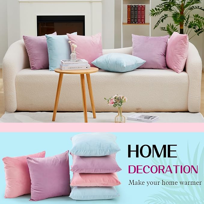 Berlune 6 Pcs Pastel Velvet Throw Pillow Covers 18" x 18" Decorative Cushion Cases Soft Throw Pillows Coquette Party Accessories Couch Sofa Bed Picnic Chair Home Decor, No Inserts