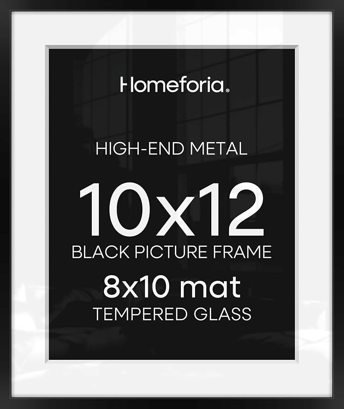 Homeforia Black 10x12 Picture Frame, High End Metal 10x12 Poster Frames with Mat 8x10, 10 x 12 Black Frame Matted to 8 x 10 inch Photo, 10 by 12 Thin Hanging Frames, Tempered Glass, Wall Kit, Set of 1
