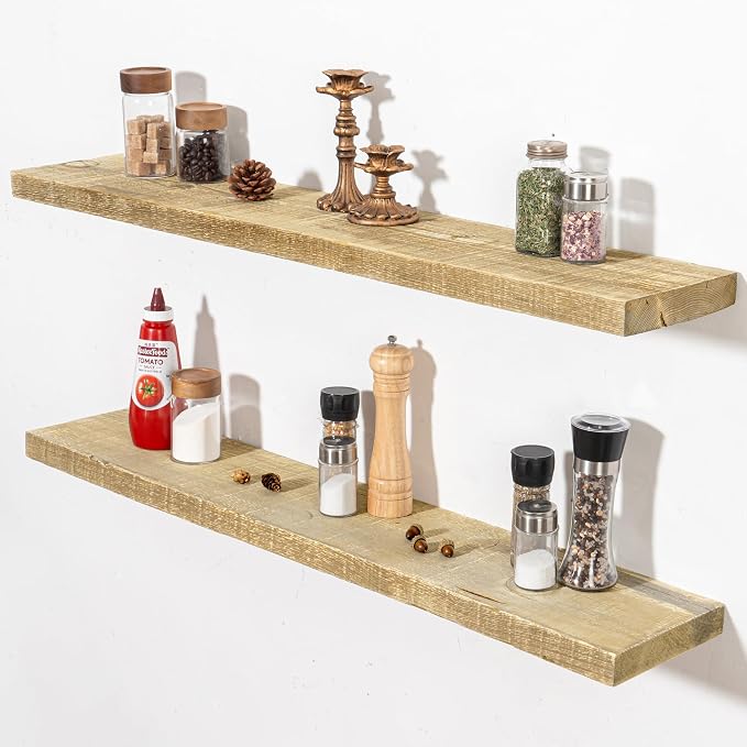 Fun Memories 40 Inch Reclaimed Wood Floating Shelves for Wall, 8 Inch Deep Rustic Farmhouse Floating Shelf with Invisible Bracket for Living Room, Bathroom & Kitchen, Natural