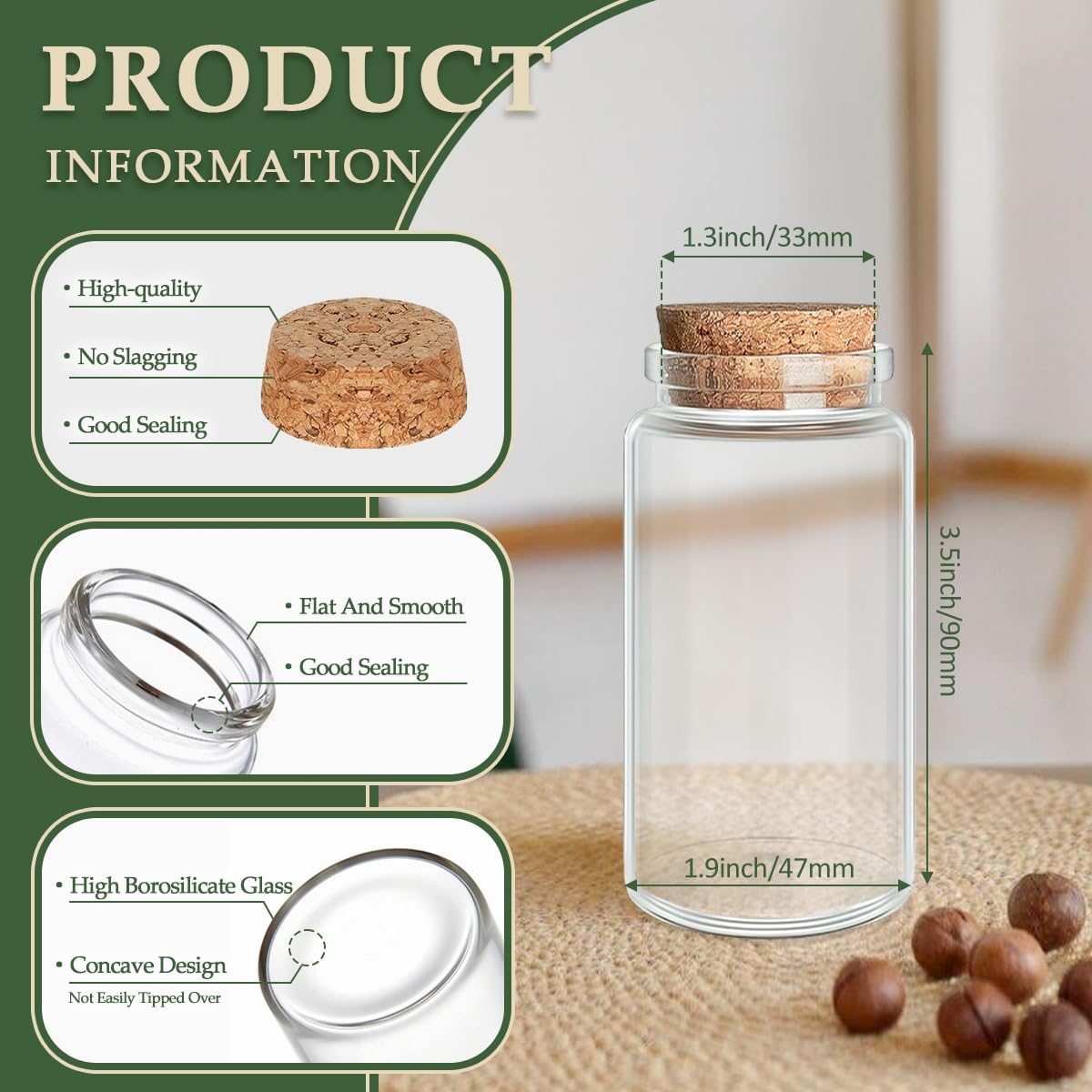 JIUYUE 4 pcs 100 ml Small Glass Bottles,Cork Decoration(3.38 oz-1.85x3.54 inch)