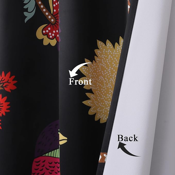 Estelar Textiler Bird and Feather Pattern Black Blackout Curtains 84 Inch Length 2 Panels Set for Bedroom, Floral Room Darkening Window Thermal Insulated Grommet Design Drapes for Living Room, 52Wx84L