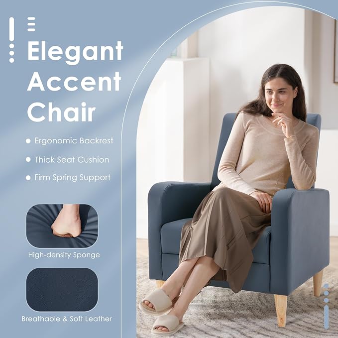 COLAMY Mid-Century Modern Accent Chairs Set of 2, Faux Leather Upholstered Living Room Chairs with Back Pillow & Solid Wood Legs, Comfy Armchair for Living Room, Bedroom, Single Sofa, Dark Blue