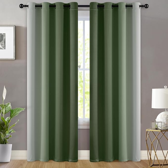 Yakamok Ombre Curtains Sage Green and Greyish White for Living Room,52Wx84L | Room Darkening Curtains 84,Thermal Insulated Gradient Color Drape,Light Blocking Grommet Window Curtains for Bedroom,2 Panels