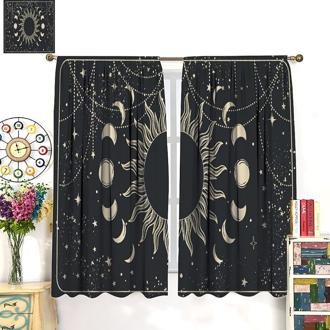 Golden Sun Moon Phases Stars Blackout Curtains, Cosmic Galaxy Bohemian Print Window Drapes, for Bedroom Living Room 42" W X 54" L