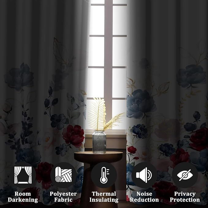 Renaiss Floral Blackout Curtains Watercolor Gray Blue and Red Peony Flower Bloossom Thermal Insulated Window Drapes for Bedroom 29W x 45L inches 2 Panel Set Window Curtains for Kitchen