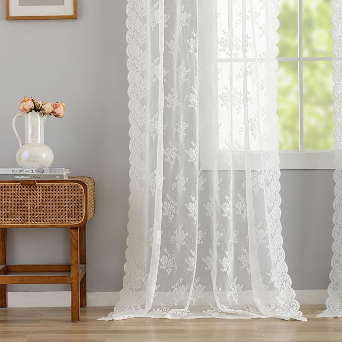 Kotile Ivory Lace Curtains 80 Inch Length for Bedroom, 2 Panels Country Rustic Floral Patterned Vintage Lace Curtains for Living Room, Rod Pocket Privacy Window Sheer Curtains, 52 x 80 Inch, Ivory