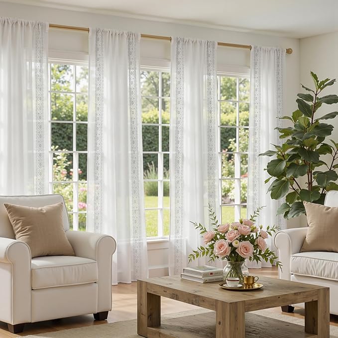 jinchan Weslie Floral White Sheer Curtains for Living Room 84 Inch Long Embroidered Voile Farmhouse Linen Curtains for Bedroom Bordered Flower Patterned Cottage Core Window Drapes 2 Panels Off White
