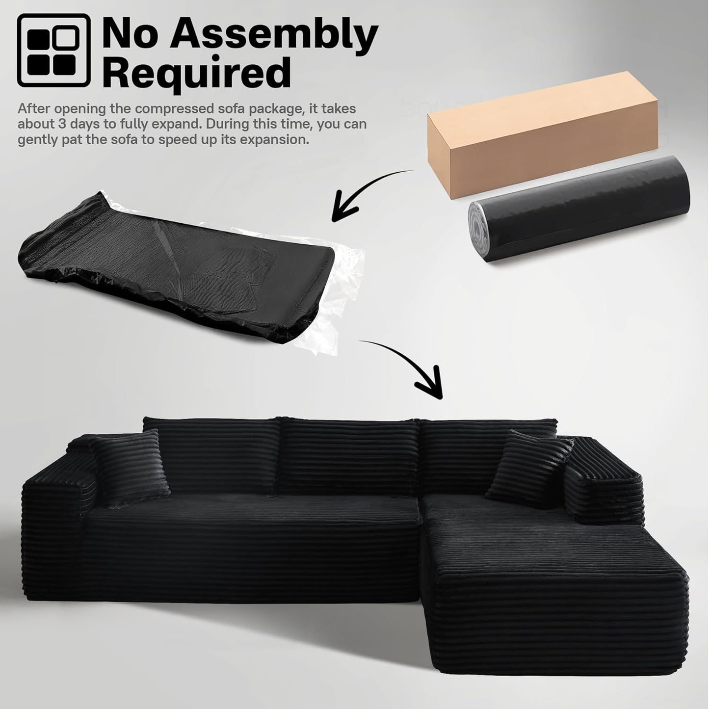 104" Cloudy Sectional L Shaped Couch for Living Room, No Assembly Required, Modular Comfy Sofa with Deep Seat, Fluffy Couch with Sleeper Chaise for Apartment Lounge (Black)