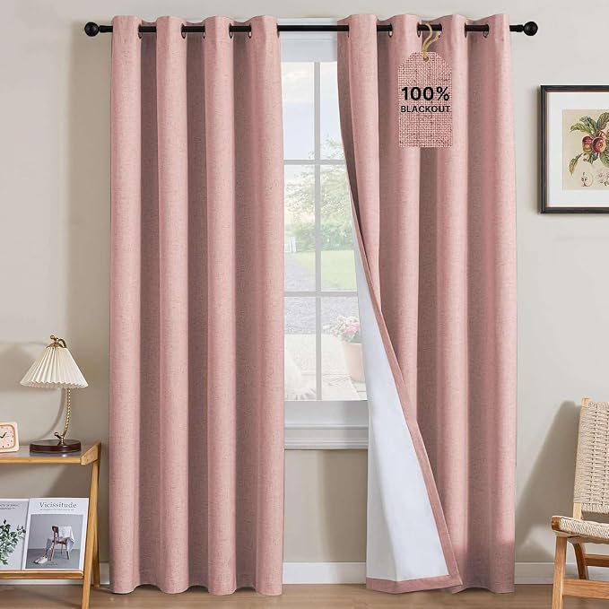 H.VERSAILTEX Linen Curtains 100% Blackout Curtains for Bedroom 108 inch Long Full Light Blocking Nature Linen Blended Window Curtains for Living Room Nickel Grommet (2 Panels, Heathered Baby Pink)
