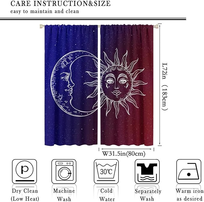 Sun Moon Blackout Windows Curtains, Burning Sun Moon Red Blue Cosmic Galaxy Bohemian Curtains, for Living Room Bedroom 63x72in 2 Panels