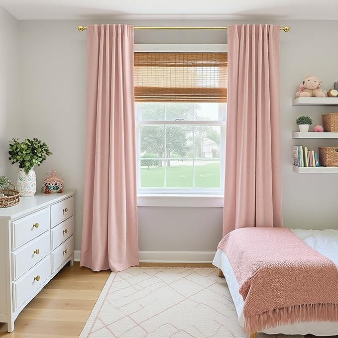 100% Blackout Shield Full Blackout Curtains for Bedroom 90 inch Length 2 Panels Set, Clip Rings/Rod Pocket Faux Linen Black Out Curtains for Living Room, Thermal Insulated, 50Wx90L, Blush Pink