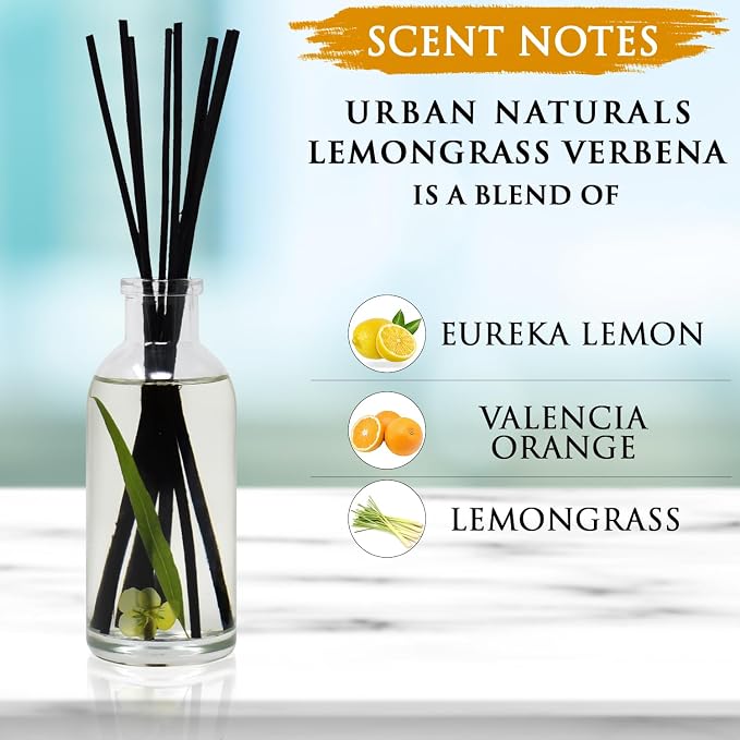 Urban Naturals Reed Diffuser Set, Lemongrass Verbena - Bathroom Shelf Décor | (REFRESH and RENEW) Mind & Body Aromatherapy Collection, Essential Oil Botanical Room Scent