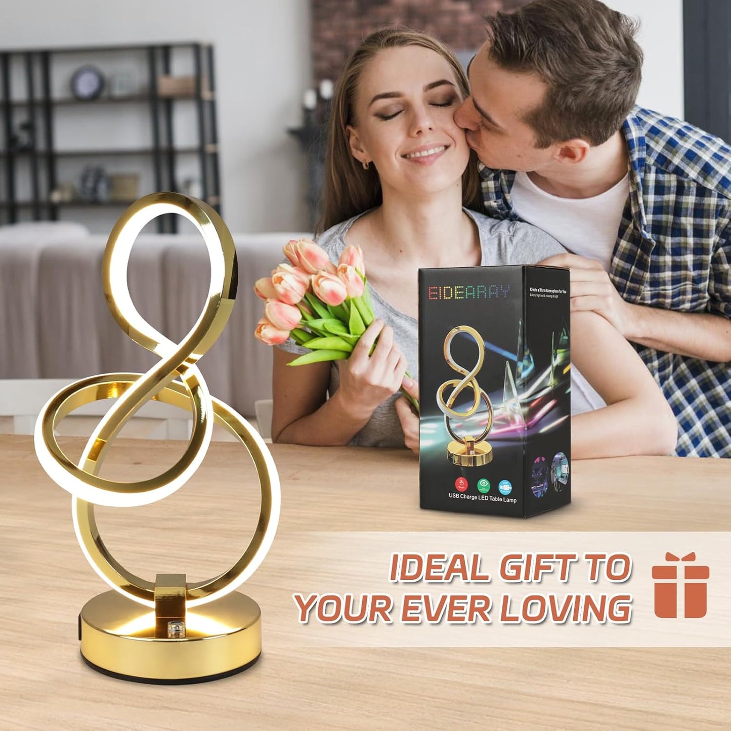 Modern Table Lamp, LED Bedside lamp with USB C+A ports, Touch Stepless Dimmable Nightstand lamp, Unique Spiral Table lamp for Bedroom Living Room Home Office, Spiral lamp for Ideal Gift, Gold