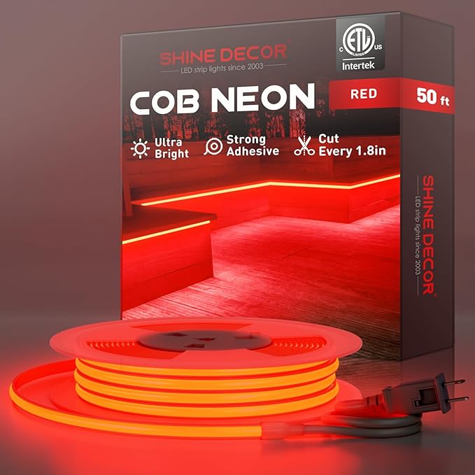 Shine Decor COB LED Rope Light AC 120V, 800lm Ultra Bright, IP65 Waterproof Cold-Resistant ETL Neon Strip, No Driver Tape Lighting for Home Commercial 10x4.5mm, Red, 50ft