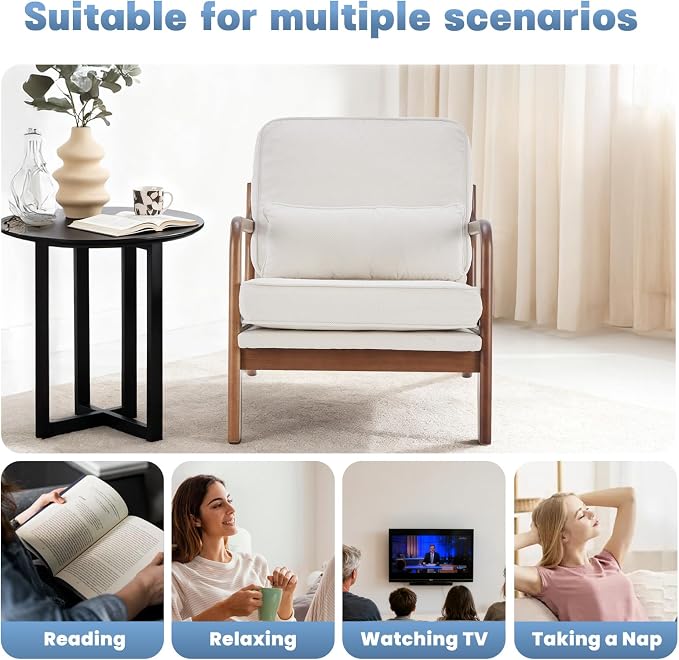 DUMOS Accent Chairs Set of 2, Mid Century Modern Chair with Lumbar Pillow and Solid Wooden Frame, Low Lounge Chair for Small Living Room, Bedroom, Reading Nook, Home Corner, Beige