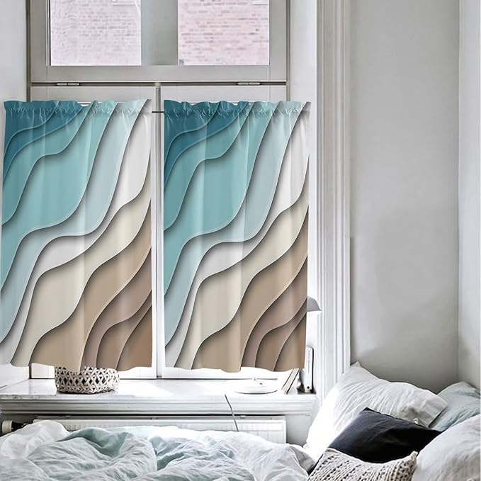 54 Inch Long Tier Curtains for Kitchen, Abstract Geometric Teal Brown Gradient Waves Beach Bathroom Window Curtains Rod Pocket Short Curtains Window Treatment Tiers for Living Room Farmhouse 2 Panels