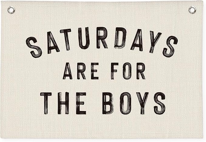 Boy Nursery Playroom Decor, Saturdays Are for The Boys Canvas Banner Wall Hanging Banner Flag Decor for Nursery Classroom Playroom Kids Room, Playroom Essentials, 26x19 Inch, Beige