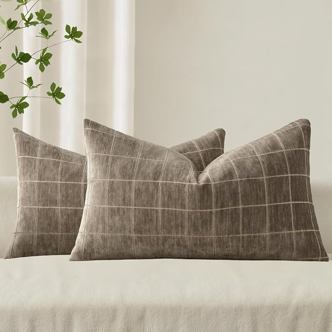MIULEE Taupe Grey Plaid Decorative Fall Throw Pillow Covers 12x20 Set of 2 | Vintage Check Chenille Couch Pillows Boho Farmhouse Cushion Covers Modern Fall Home Decor for Sofa Bed Living Room
