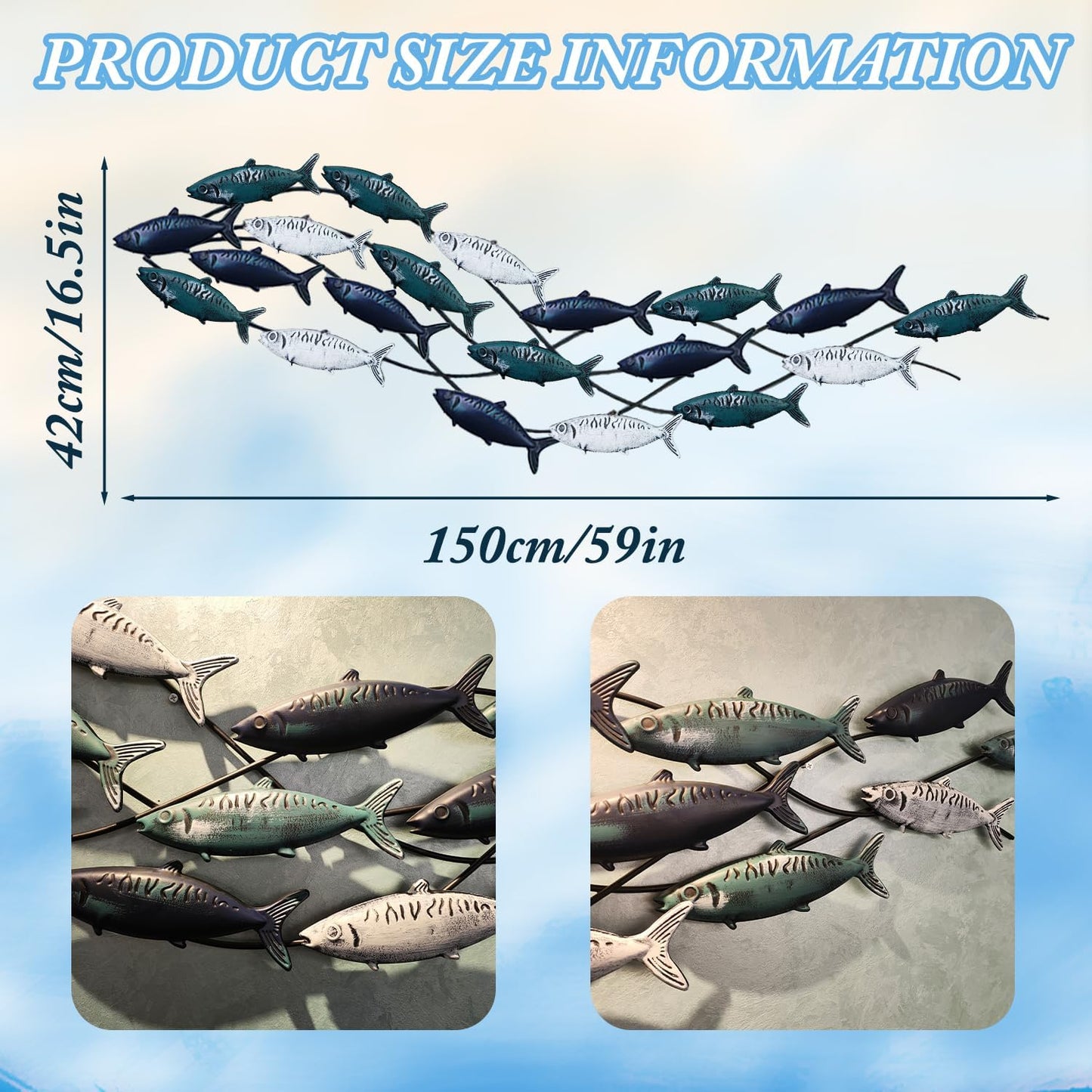 Metal Fish Wall Art, Large Fish Wall Decor for Living Room Bedroom, School of Fish Wall Art Decor, Large Fish Wall Sculpture, Coastal Nautical Ocean Wall Decoration Home Decor (A 59 inch x 16 inch)