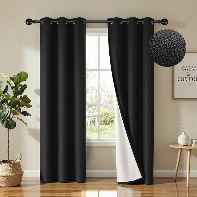 2 Panels 100% Blackout Linen-Textured Curtains, Thick Thermal Insulated Grommet Drapes with Subtle Herringbone Weave, Luxury Decor for Bedroom/Living Room, 37 x 84 Inches, Black