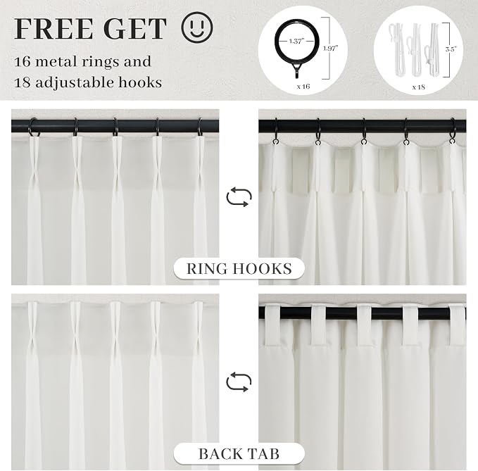 105 Inch Curtains 2 Panels Set,Two Packs Pinch Pleat Back Tab Linen Window Semi Sheer Privacy Thick Decorative Curtain Drapes for Living Room Bedroom,40x105 in Long,Ivory/Snow White